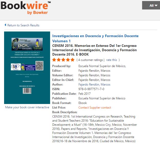 CENSM 2016 ha sido satisfactoriamente Indexado en: BOOKWIRE de Bowker mediante ISBN.org   Consulta la indexación ONLINE